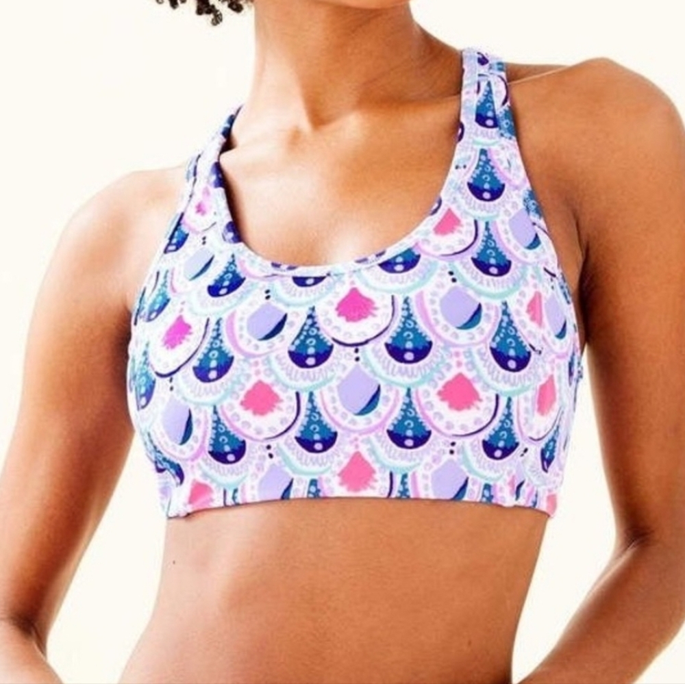 Lilly Pulitzer Teegan Sports Bra Sz XS Blue Hyacinth Flock Together Geo